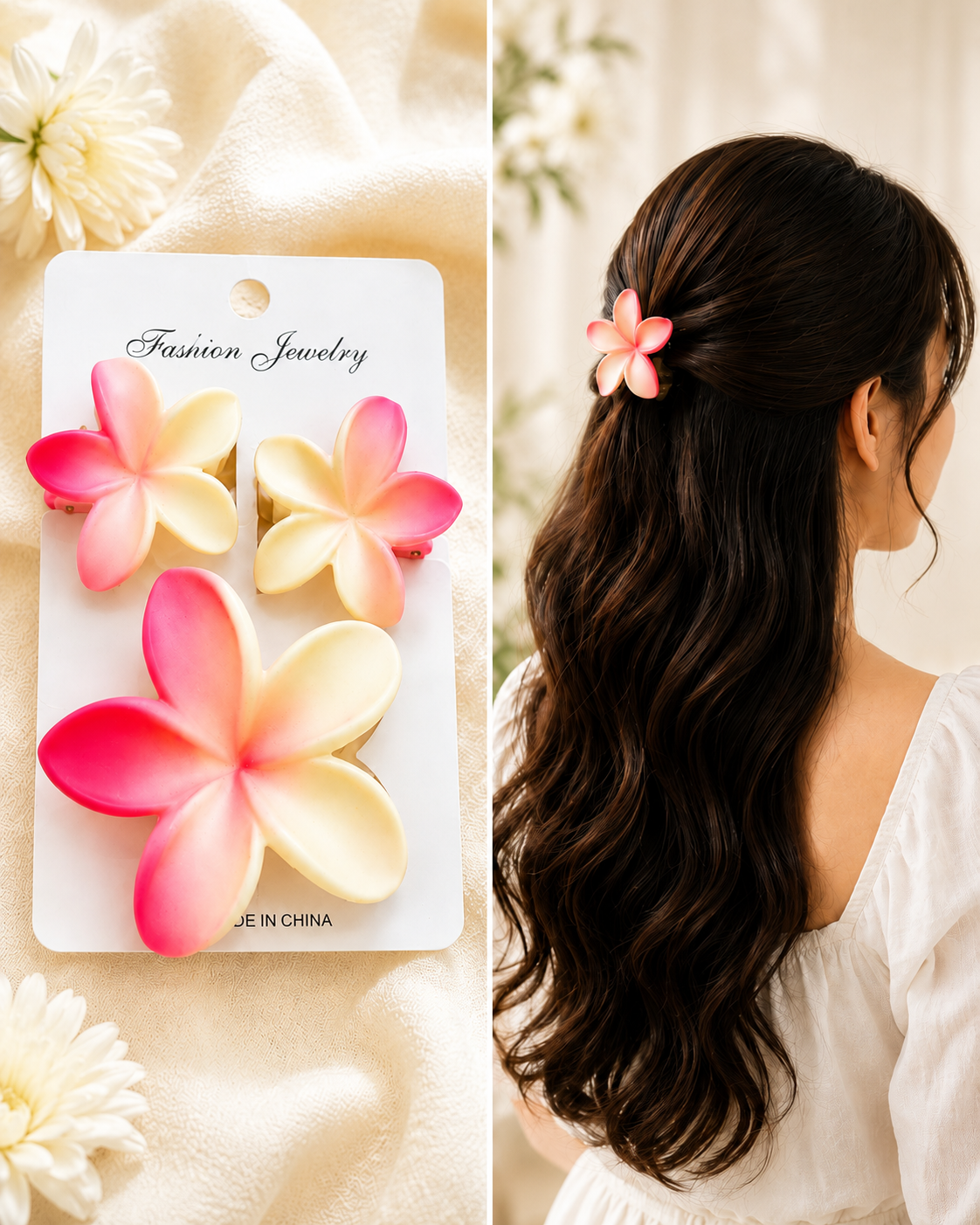 Plumeria Flower Hair Claw Clips Set of 3 | Floral Hair Accessories