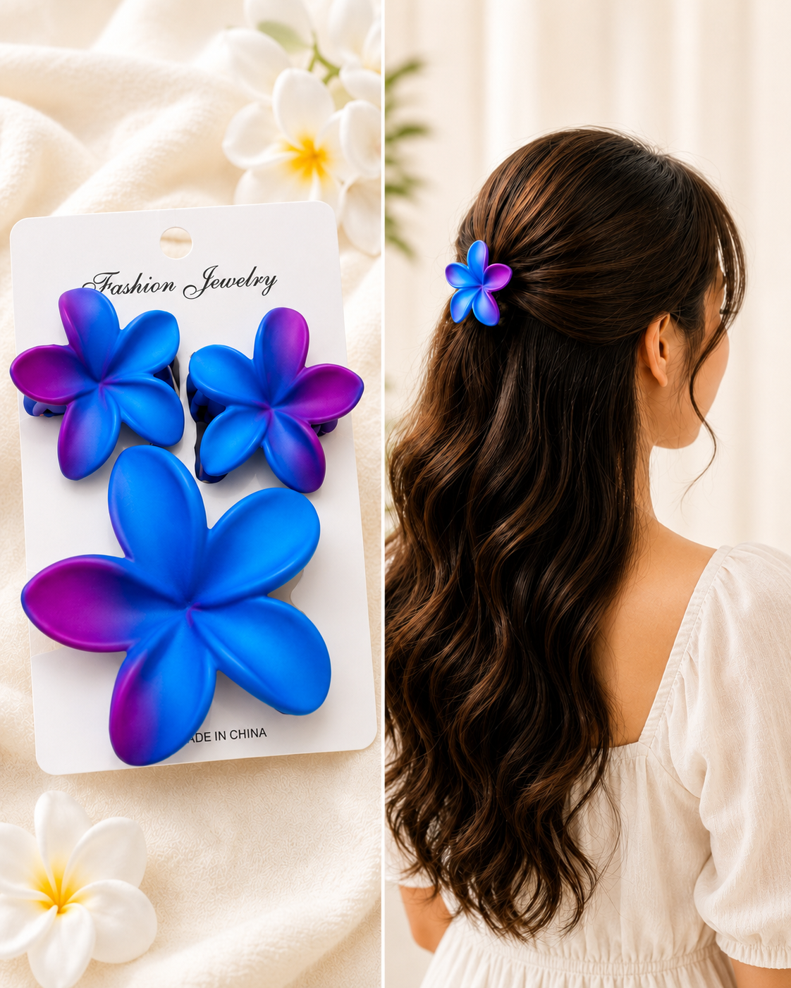 Plumeria Flower Hair Claw Clips Set of 3 | Floral Hair Accessories