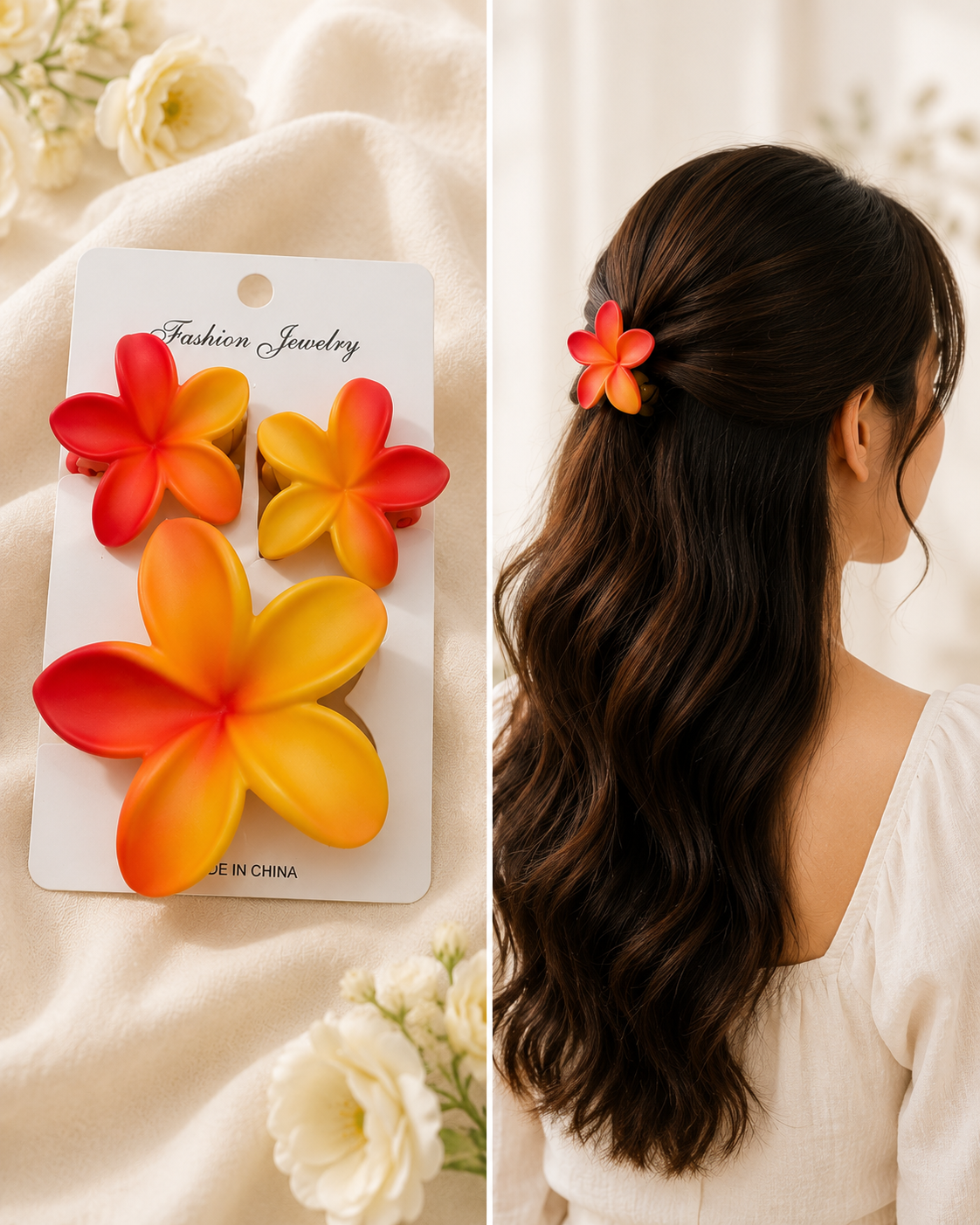 Plumeria Flower Hair Claw Clips Set of 3 | Floral Hair Accessories