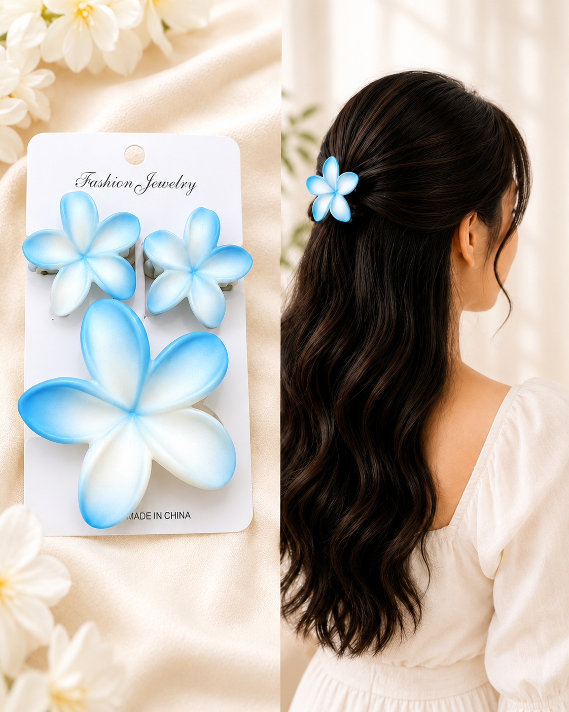 Plumeria Flower Hair Claw Clips Set of 3 | Floral Hair Accessories