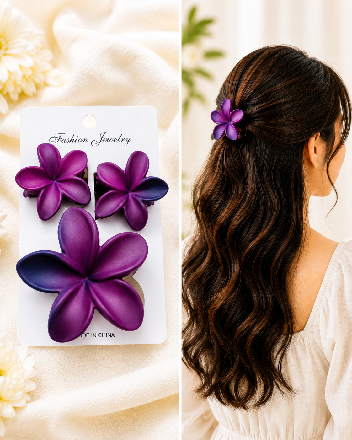 Plumeria Flower Hair Claw Clips Set of 3 | Floral Hair Accessories