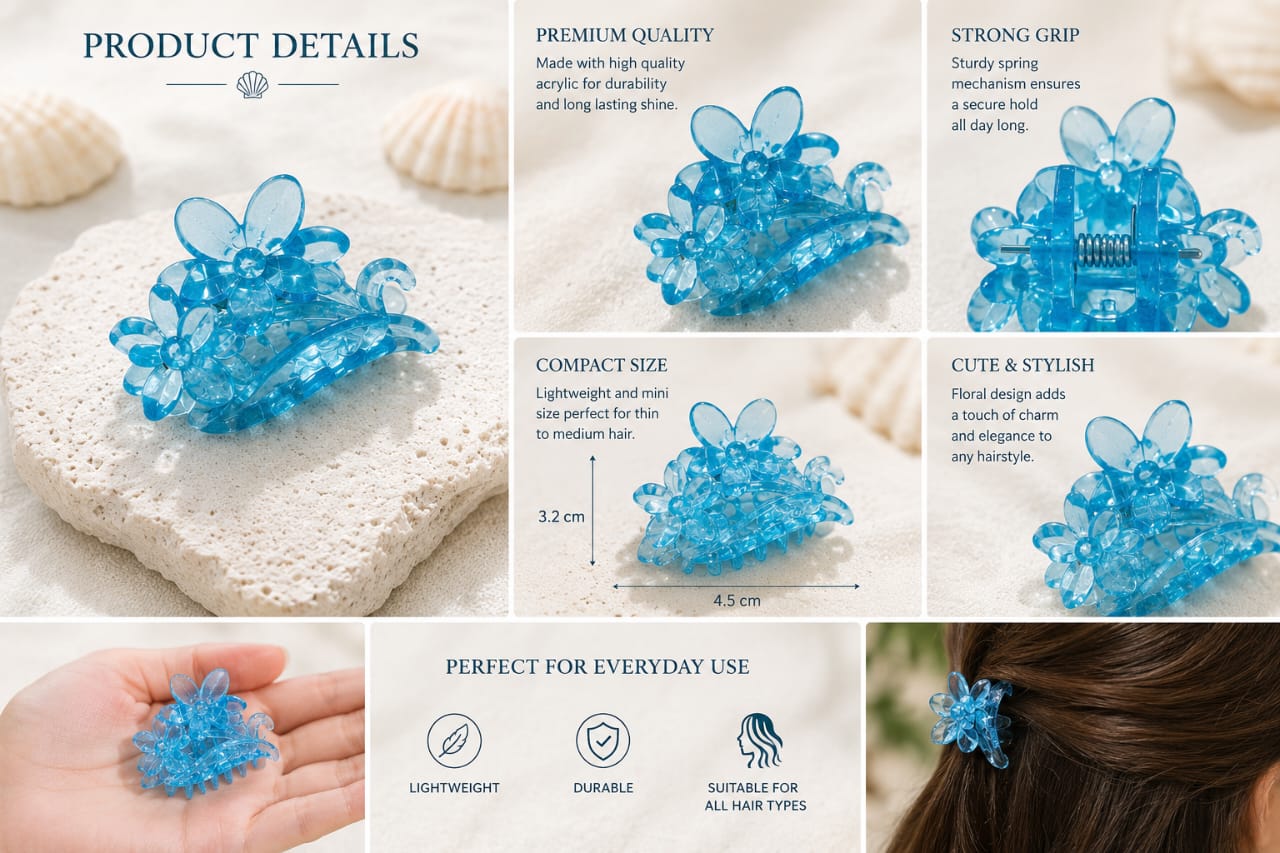 Mini Bloom Floral Hair Claw Clip | Cute Transparent Hair Clip for Women & Girls